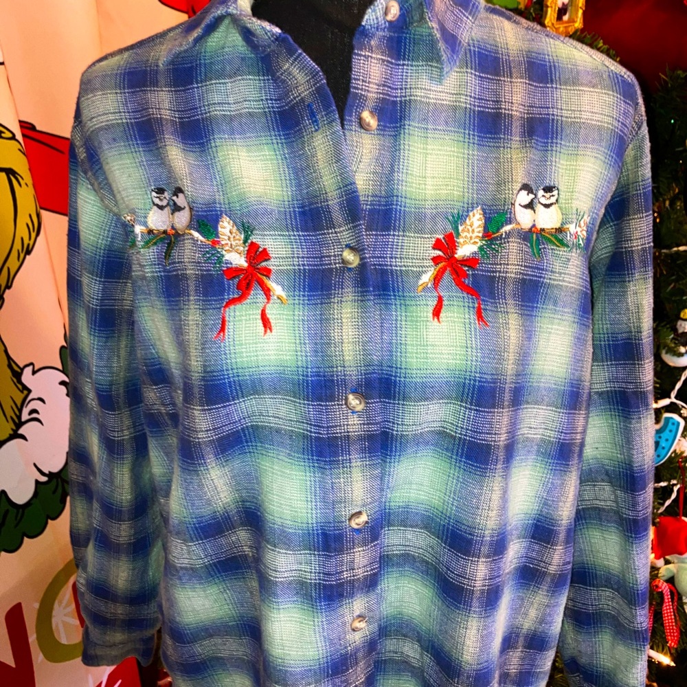 Vintage Blue Plaid Long Sleeve Button Down Shirt Medium Birds Embroidered
